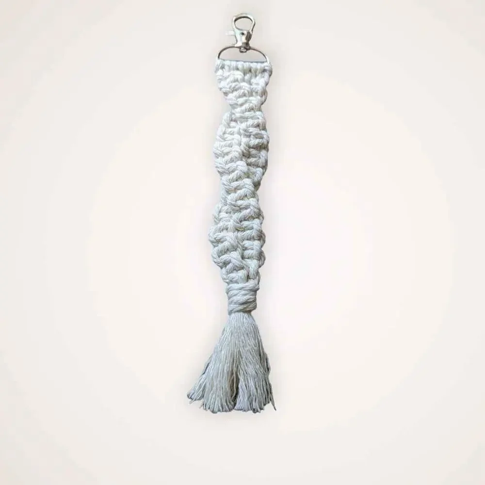 Beige Macrame Keychain with Swivel Clasp 8.5 in. Handmade
